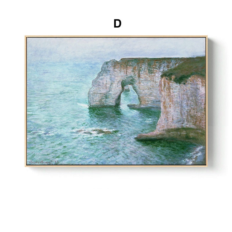 Vintage Claude Monet Poster von justgoodmood – beeindruckendes Bild einer Klippe mit Torbogen, umgeben von schimmerndem Wasser und himmlischen Farben.