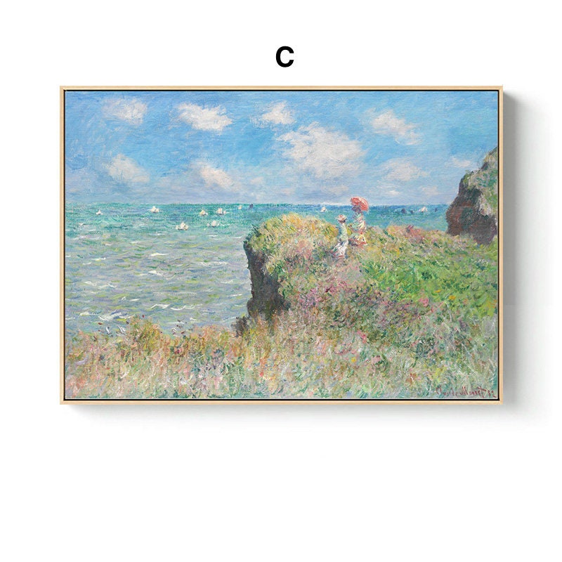 Vintage Claude Monet Poster von justgoodmood – eine farbenfrohe Darstellung einer Küstenlandschaft mit Blumen und einem Meer voller Segelboote.