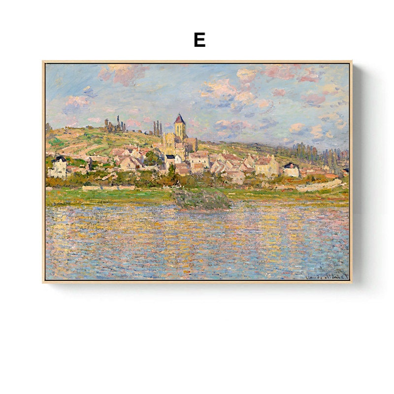 Vintage Claude Monet Poster von justgoodmood – lebhafte Landschaft mit einem malerischen Dorf am Wasser, ideal für Ihre Deko.