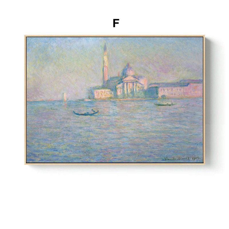 Vintage Claude Monet Poster von justgoodmood – sanfte Farben und romantische Szenerie einer Stadt am Wasser mit historischen Gebäuden.