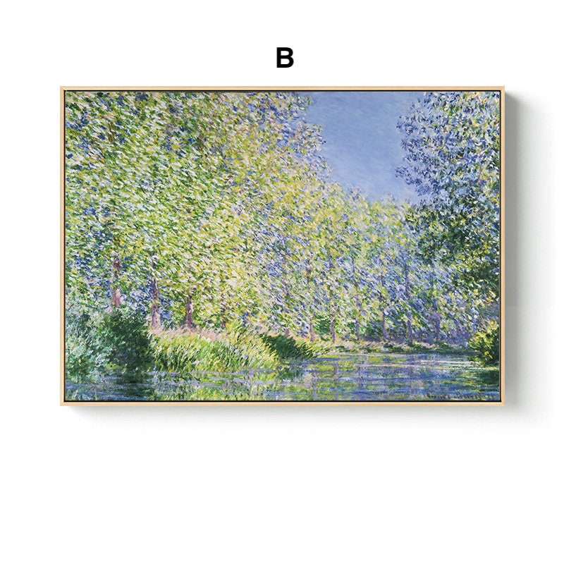 Lebendiges Claude Monet Poster Deko Print ohne Rahmen von justgoodmood, das eine malerische Szene mit schimmernden Lichtstrahlen durch die Bäume zeigt und einladenden Charme bringt.