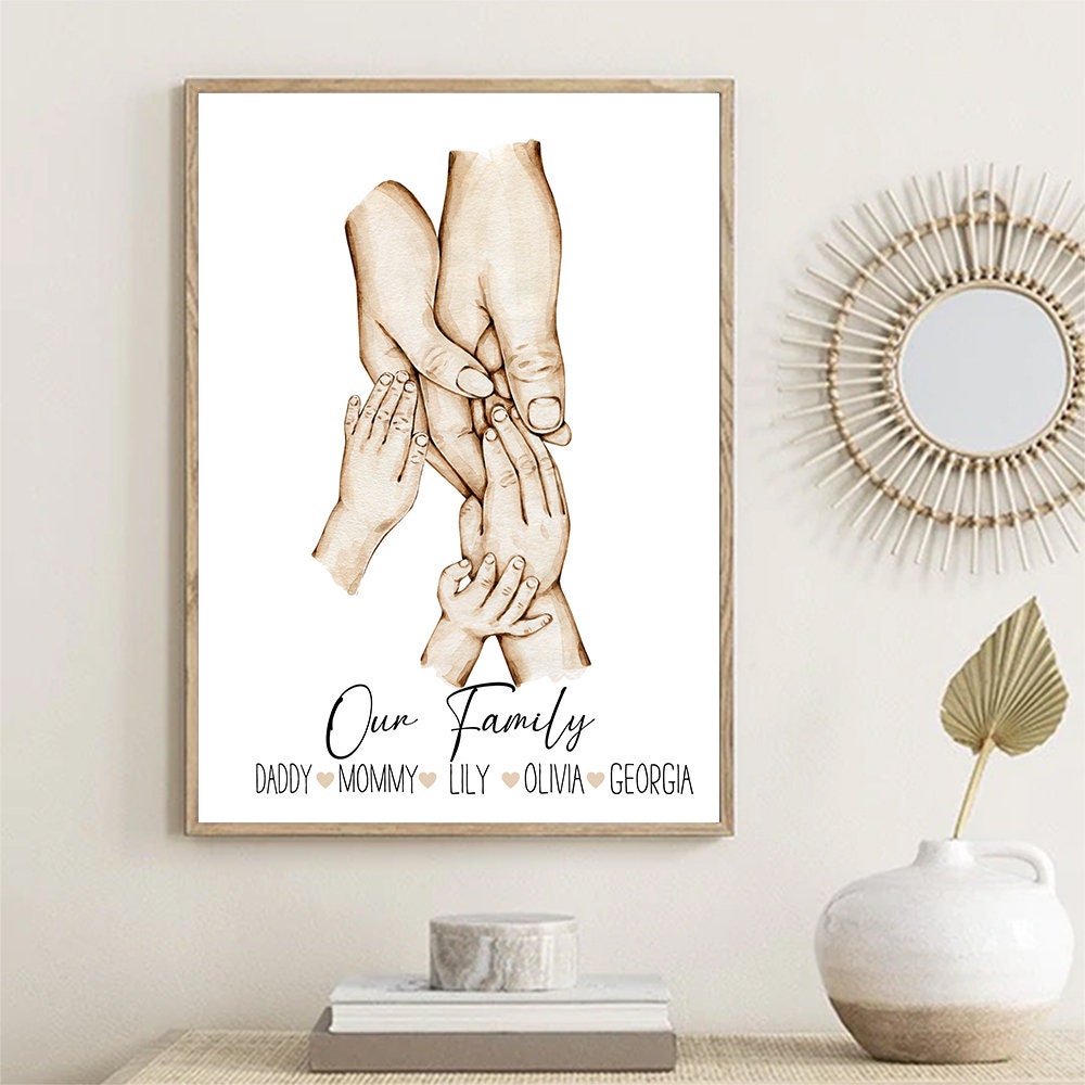 Wunderschönes personalisiertes Familienposter von justgoodmood, das Hände mit Namen darstellt, symbolisiert Zusammenhalt und Verbundenheit. Ideal als Deko Print für Ihr Zuhause.