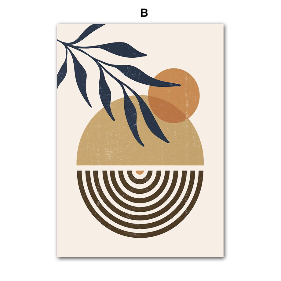 Kreatives Poster in sanften Erdtönen mit runden Formen und Blatt-Elementen, ein Blickfang für jeden Raum. Entdecken Sie das wunderschöne Design 'Boho Abtrakt Boho I Berge Sonne' von justgoodmood.
