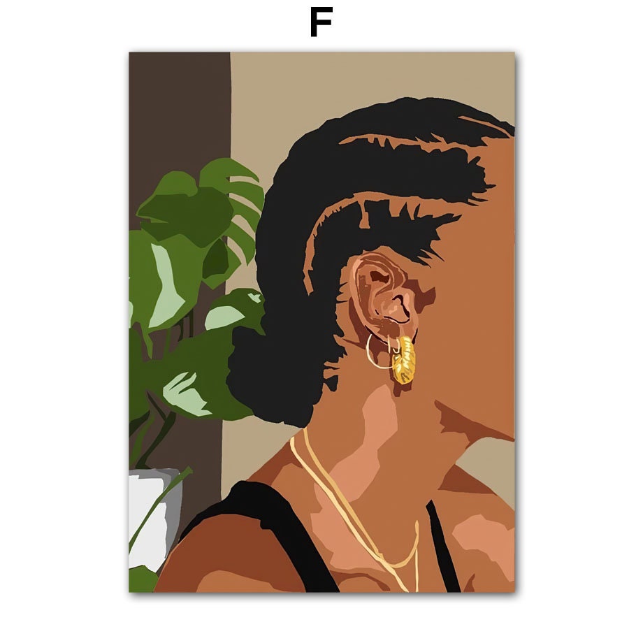 Stilvolles Boho-Nägel-Poster von justgoodmood, das eine Frau mit kreativer Frisur und goldenen Ohrringen zeigt, perfekt für Wohnzimmer und Schlafzimmer.
