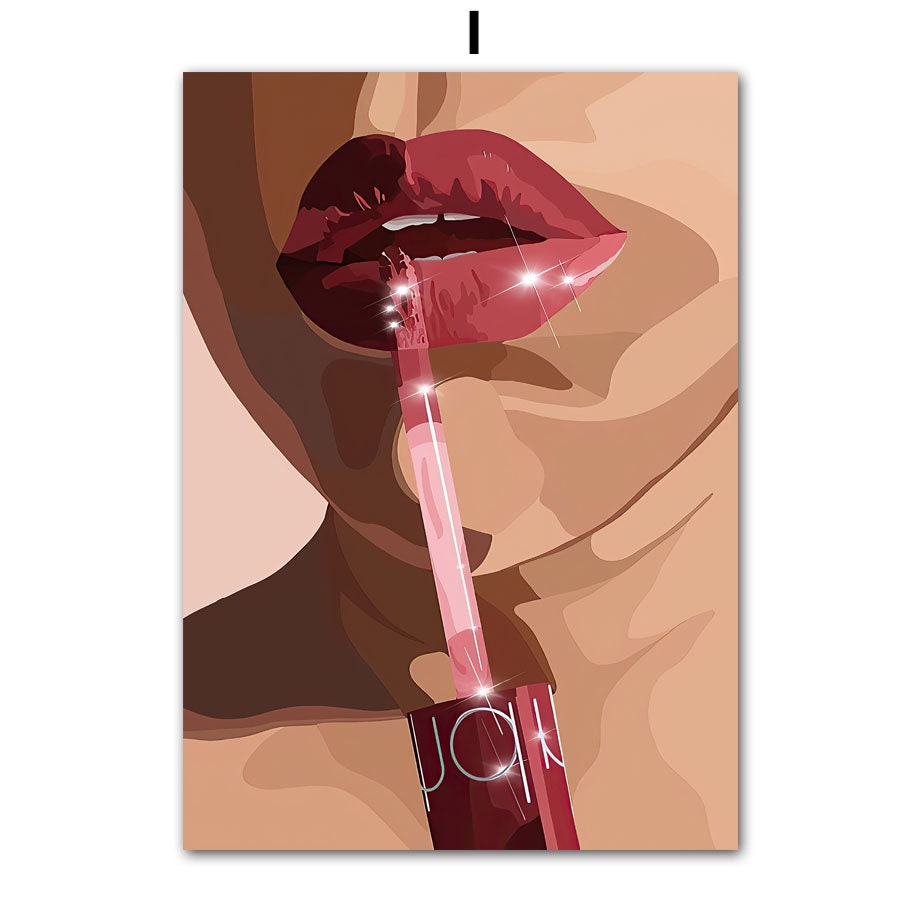 Hip Hop Schmuck Poster von justgoodmood - Auffällige Illustration eines Mädchens das Lippenstift aufträgt, ideal für alle, die ein modernes und stylisches Ambiente schaffen möchten.