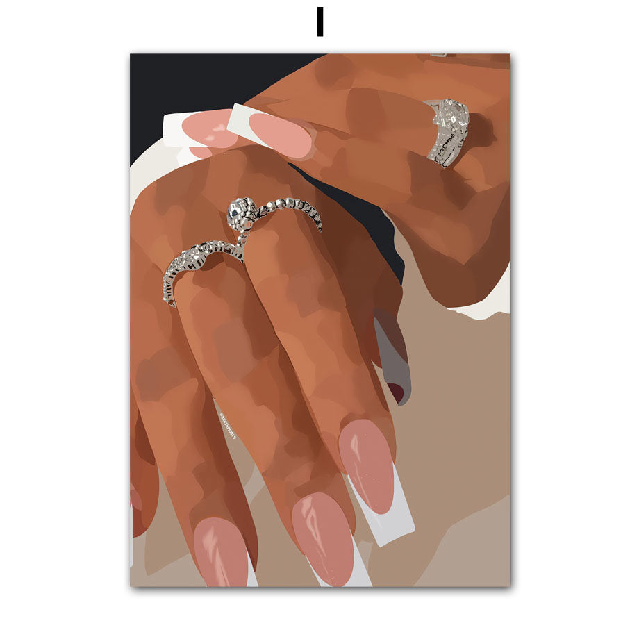 Stylisches Poster von justgoodmood mit Hip Hop Schmuck Mode, das elegante Hände mit glitzernden Ringen zeigt. Ideal als Wandbild für Wohnzimmer oder Schlafzimmer.