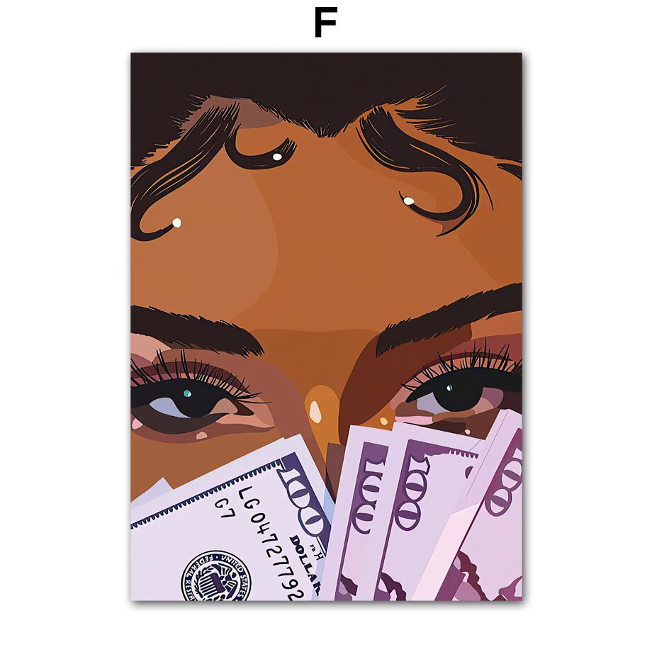 Ansprechendes Poster einer Frau, die Geldscheine hält, perfekte Wandkunst von Justgoodmood – Hip Hop Schmuck Mode für modische Akzente.