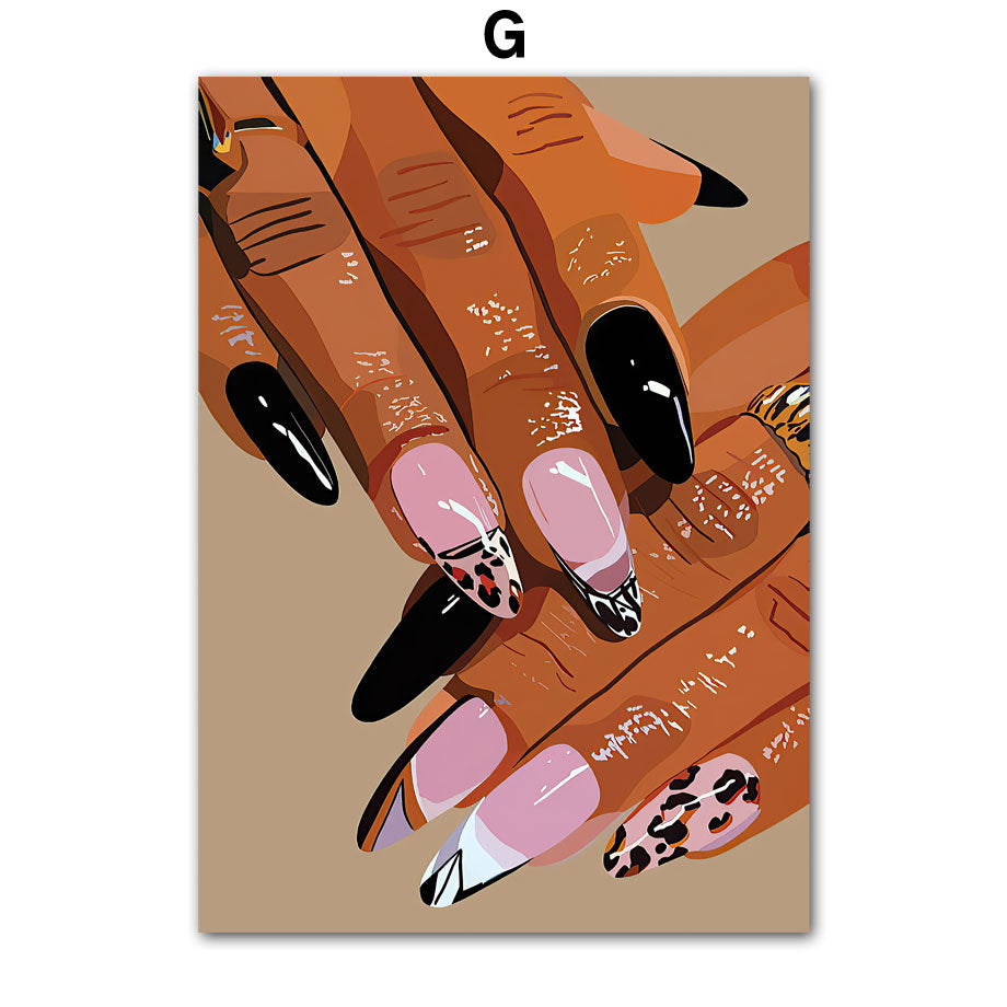 Ein tolles Poster, das die Nägel mehrerer Hände in verschiedenen Designs zeigt, ideal als Deko von Justgoodmood – Hip Hop Schmuck Mode.