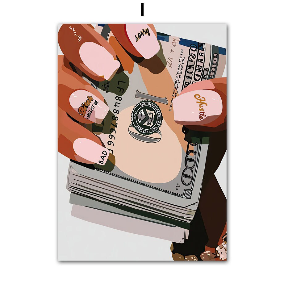 Stilvolles Poster von justgoodmood, das eine hand mit bemalten Nägeln zeigt, die Geldscheine hält. Dieses Hip Hop Schmuck Mode Wandbild in Schwarz wird zu einem echten Blickfang in jedem Wohnzimmer oder Schlafzimmer. Perfekte Deko für kreative Wohnräume!