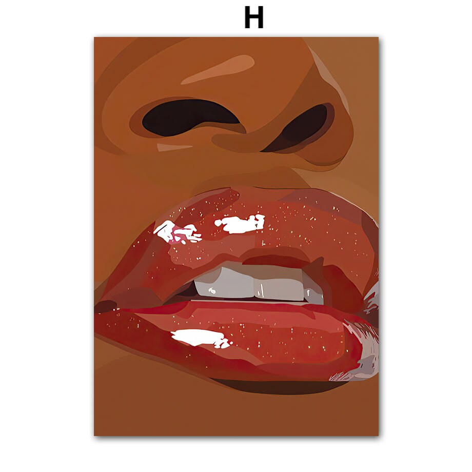Nahaufnahme glänzender Lippen in einem ausdrucksstarken Poster von justgoodmood, das die Hip Hop Schmuck Mode ins Rampenlicht stellt – perfekt für kreative Wandgestaltung.