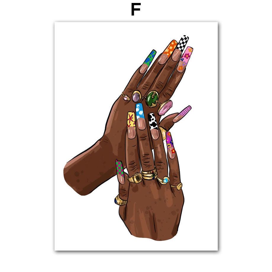Farbenfrohes Poster im Hip Hop Schmuck Design von justgoodmood. Präsentiert mehrfarbige und kunstvoll verzierte Nägel, perfekt für diejenigen, die ihren individuellen Stil zeigen möchten.