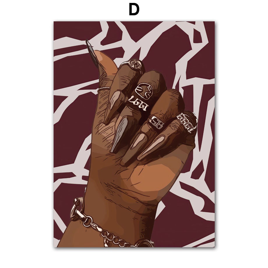 Elegantes Poster im Hip Hop Schmuck Design von justgoodmood. Zeigt eine stilvolle Hand mit auffälligen Ringen, perfekt für eine moderne Raumgestaltung.