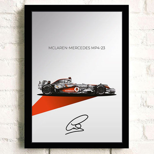 Stylisches McLaren-Mercedes MP4-23 Poster von justgoodmood, perfekte Wanddekoration für Formel 1 Liebhaber, Deko Print ohne Rahmen.