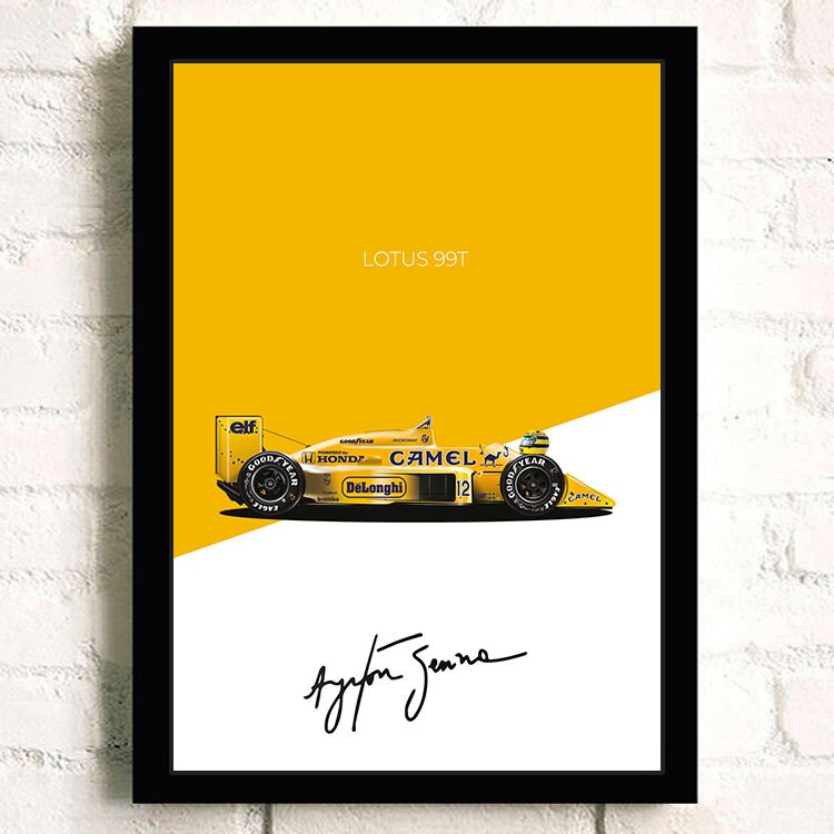 Lotus 99T Formel 1 Rennwagen Poster von justgoodmood - Buntes Deko-Print mit Unterschrift von Ayrton Senna