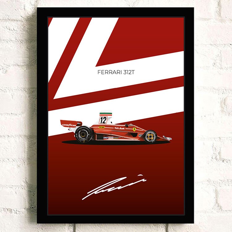 Eleganter Deko Print des Ferrari 312T Rennwagens, ein Muss für jeden Formel 1 Fan. Poster Formel 1 Rennwagen Grand Prix Rennfahrer Signature von justgoodmood.