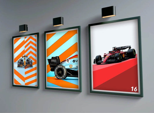 Kunstvolles Formel 1 Rennwagen Poster von justgoodmood – ideal für Motorsportfans als Dekoration. Präsentiert einen modernen Rennwagen vor buntem Hintergrund.
