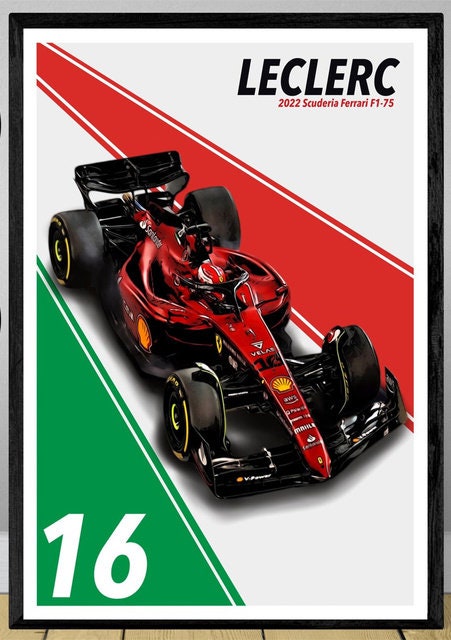 Formel 1 Poster von justgoodmood mit einem Ferrari F1-75 Rennwagen 2022 im Fokus, Fahrer Leclerc, Nummer 16, leuchtenden Farben und modernem Design, ideal für Motorsportfans.