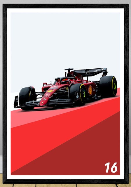 Stylisches Formel 1 Rennwagen Poster von justgoodmood – perfekte Wanddekoration für Rennsportliebhaber. Zeigt einen fließenden Rennwagen in einer dynamischen roten Farbpalette.
