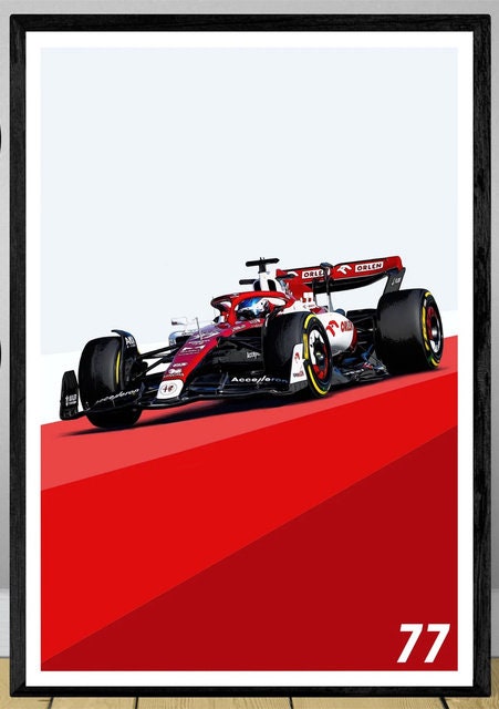 Dynamisches Formel 1 Poster von justgoodmood mit einem Alfa Romeo-Rennwagen, Fahrer-Nummer 77, in auffälligem Design, ideal zur Verschönerung von Wohnräumen.