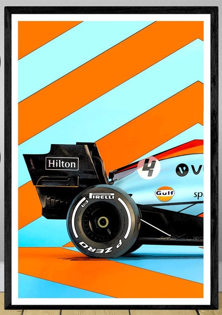 Kreatives Formel 1 Poster von justgoodmood, das einen Rennwagen in lebendigen Farben zeigt, perfekt für Fans des Motorsports und als stilvolle Wanddekoration.