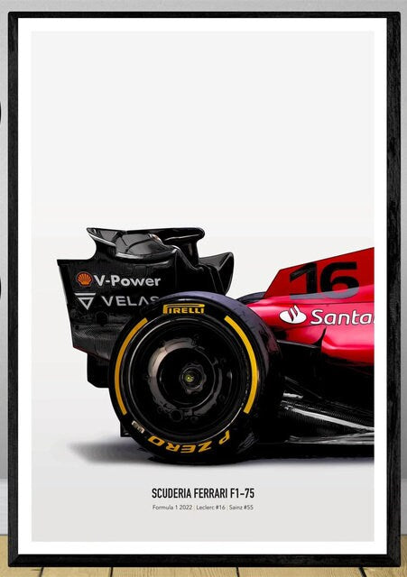 Detailreiches Poster des Scuderia Ferrari F1-75 mit Fokus auf dem Reifen, ideal für Sportbegeisterte. Deko Print ohne Rahmen von justgoodmood.
