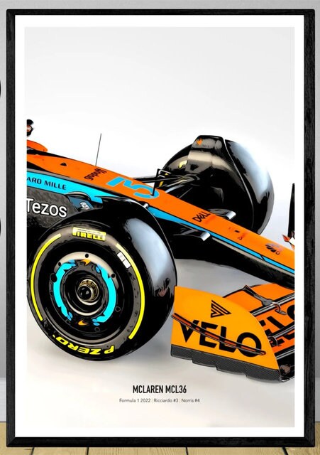 Farbenfrohes Poster des McLaren MCL36 Formel 1 Rennwagens von justgoodmood, perfekt für Motorsport-Fans und Wanddekoration.
