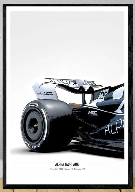 Stylisches Poster des Alpha Tauri AT03 Formel 1 Rennwagens von justgoodmood, ideal für die elegante Raumgestaltung im Sportstil.