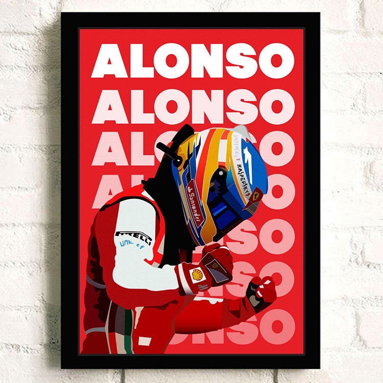 Buntes Poster eines Formel 1 Fahrers mit dem Titel 'Poster Formel 1 Rennwagen Grand Prix Rennfahrer Legenden', erstellt von justgoodmood, das die Leidenschaft und den Sieg im Motorsport verkörpert.