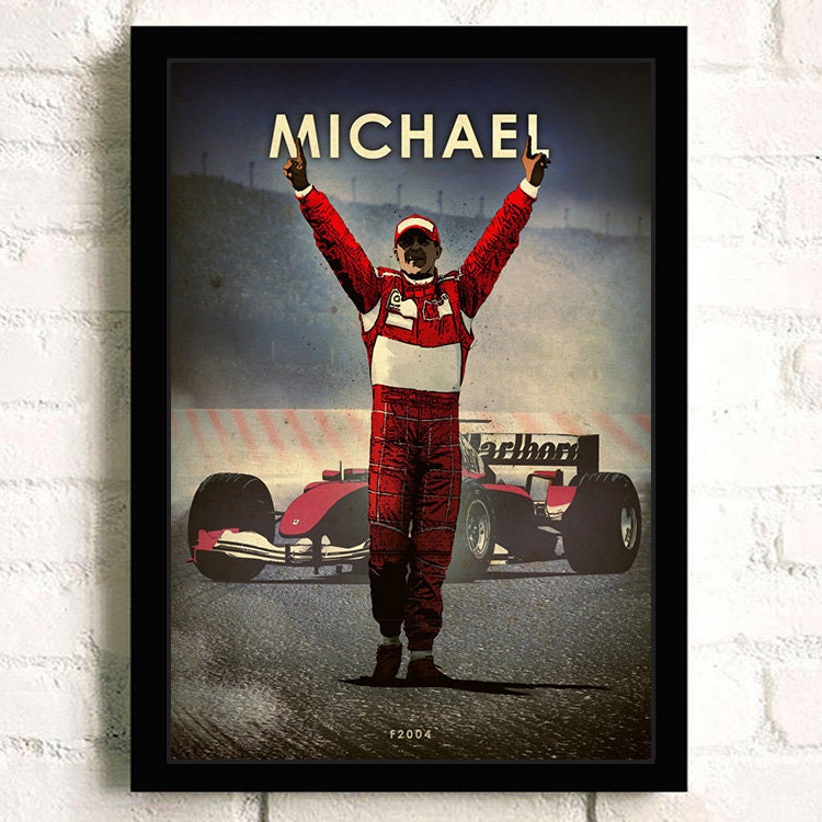 Künstlerisches Poster von Michael Schumacher, präsentiert als 'Poster Formel 1 Rennwagen Grand Prix Rennfahrer Legenden', von justgoodmood, zeigt die Freude und den Wettkampfgeist des Motorsports.