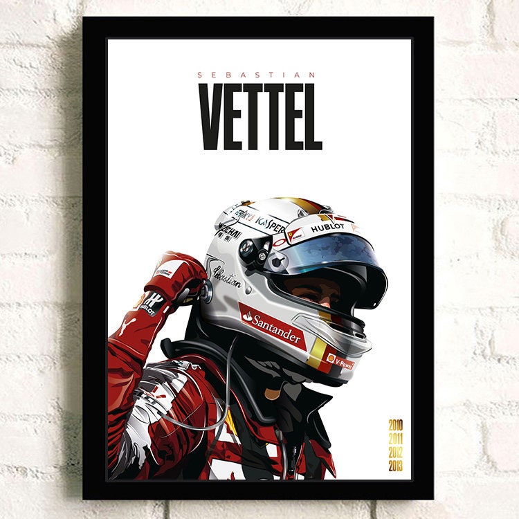 Stilvolles Poster mit dem Formel 1 Fahrer Sebastian Vettel, passend zum Titel 'Poster Formel 1 Rennwagen Grand Prix Rennfahrer Legenden', kreiert von justgoodmood, ideal für Rennsport-Fans.