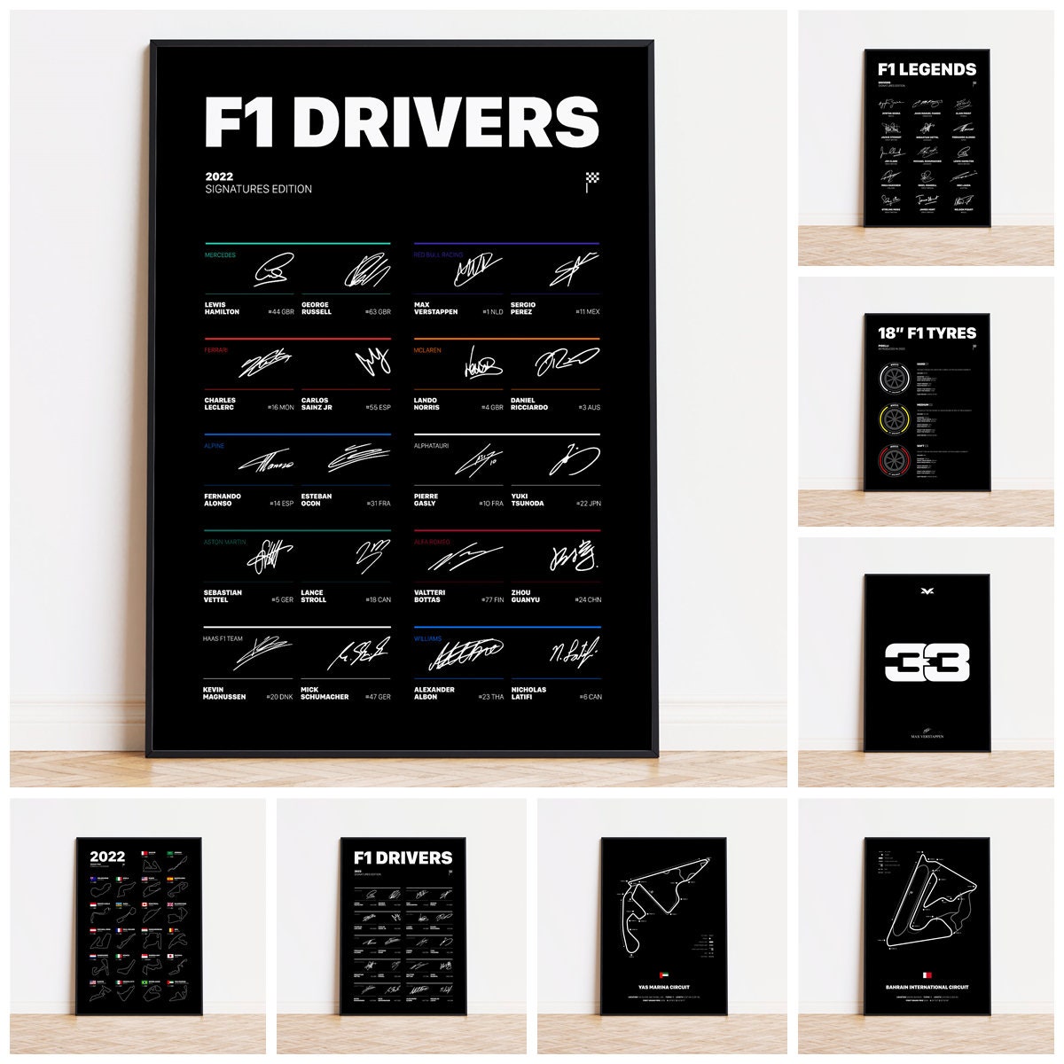 Poster Formel 1 Rennfahrer Legenden Unterschiften - Deko Print ohne Rahmen von justgoodmood, zeigt die Unterschriften aktueller F1-Fahrer in stylisher Präsentation.