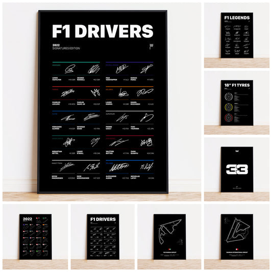 Hochwertiges Poster "Formel 1 - Rennfahrer Legenden Unterschriften" von justgoodmood, zeigt die Unterschriften aktueller F1-Fahrer im minimalistischen Design.