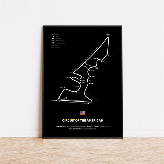 Poster Formel 1 Rennstrecken Deko Print ohne Rahmen vom justgoodmood – Darstellung des Circuit of the Americas mit klaren Linien auf schwarzem Hintergrund.