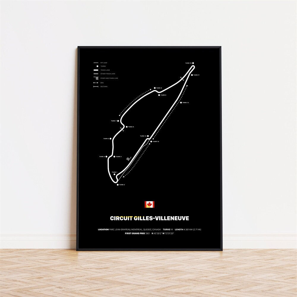 Poster Formel 1 Rennstrecken Deko Print ohne Rahmen von justgoodmood - zeigt den Circuit Gilles-Villeneuve in Kanada in stylischem Schwarz-Weiß-Design.