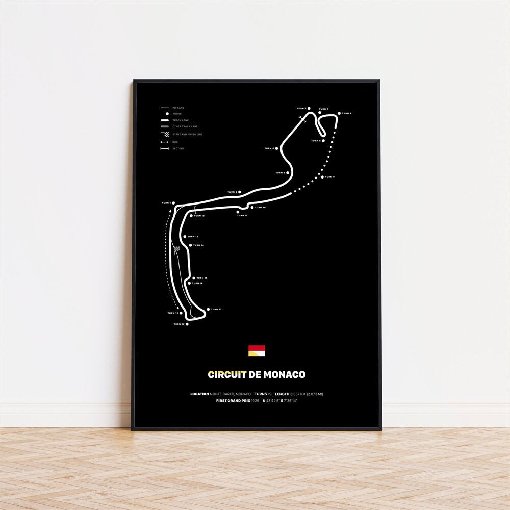 Poster Formel 1 Rennstrecken Deko Print ohne Rahmen von justgoodmood - illustriert den Circuit de Monaco in elegantem Schwarz-Weiß-Layout.