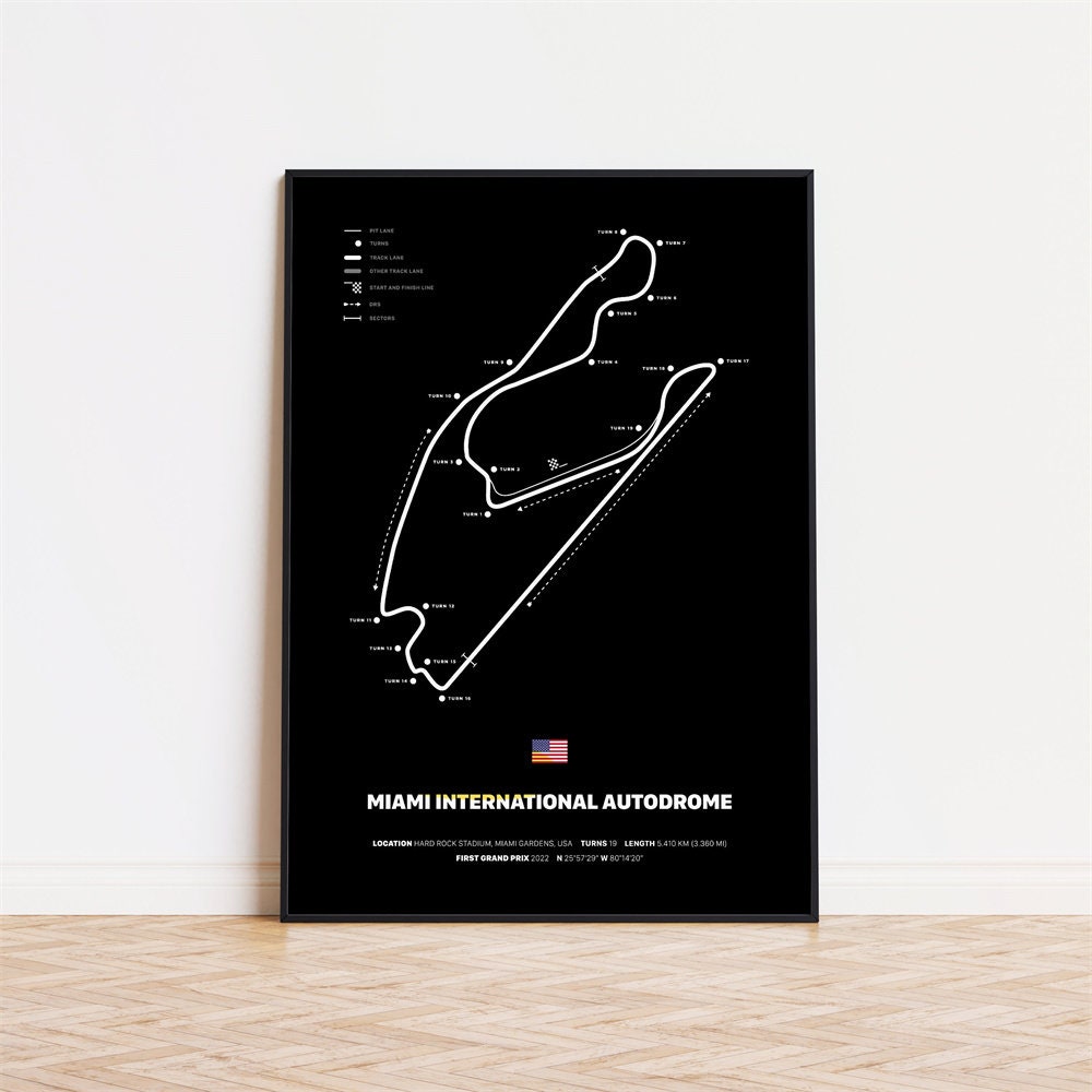 Faszinierendes Poster des Miami International Autodrome von justgoodmood - bringt den aufregenden Spirit der Formel 1 direkt in Ihr Wohnzimmer.