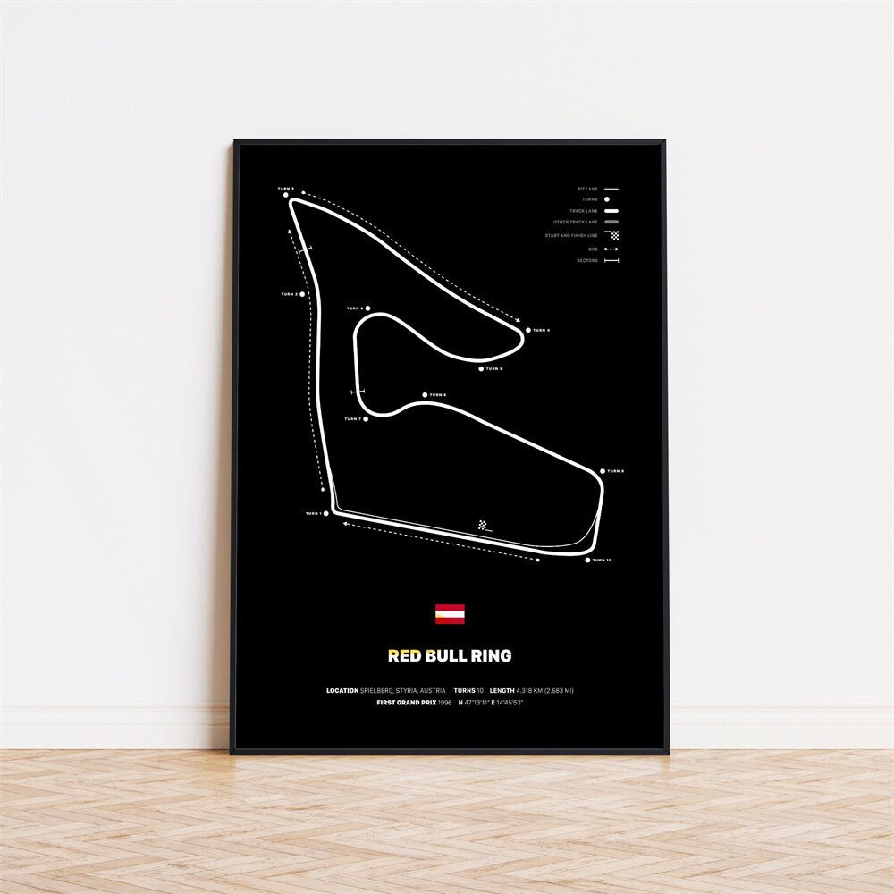 Formel 1 Poster des Red Bull Ring von justgoodmood – ein modernes Deko Print ohne Rahmen, ideal für Motorsportfans, die ihre Wände aufpeppen möchten.