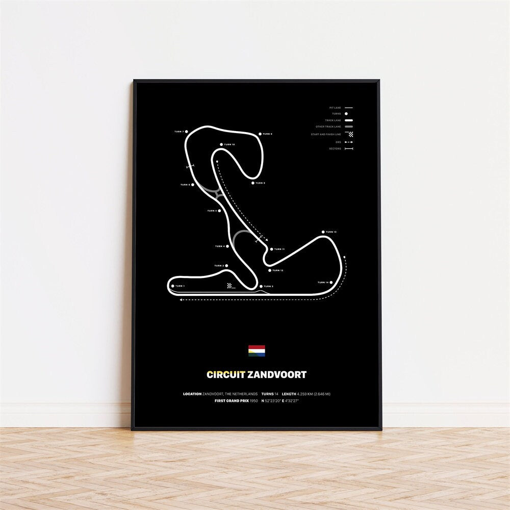 Deko Print von justgoodmood: Poster Formel 1 Rennstrecken - Circuit Zandvoort, stilvolles Design auf schwarzem Hintergrund.