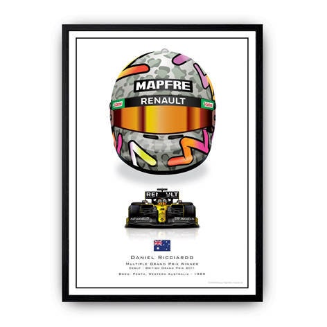 Farbenfrohes Poster mit Formel 1 Helm von Daniel Ricciardo und seinem Rennwagen. Ein Muss für jeden Rennsportfan, Deko Print ohne Rahmen von justgoodmood.