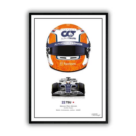 Formel 1 Helme Poster mit Tsunoda und Rennauto, eine dynamische Deko für F1 Liebhaber - Deko Print von justgoodmood.