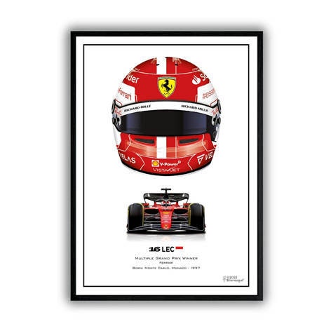 Formel 1 Helme Rennfahrer Gewinner Poster von justgoodmood. Beeindruckender Deko Print ohne Rahmen, der den Helm und das F1-Fahrzeug eines talentierten Rennfahrers in detailreicher Qualität darstellt.