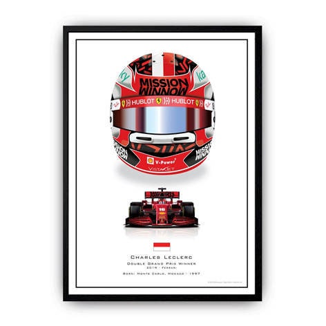 Formel 1 Helme Rennfahrer Gewinner Poster von justgoodmood. Fröhlicher Deko Print ohne Rahmen, zeigt den kreativen Helm eines Formel 1 Fahrers sowie das dazugehörige Rennfahrzeug in brillanten Farben.