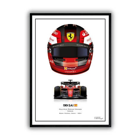 Formel 1 Helme Rennfahrer Gewinner Poster von justgoodmood. Lebendiger Deko Print ohne Rahmen, präsentiert den Helm eines mehrfachen Rennsiegerfahrers zusammen mit seinem ikonischen Rennauto.