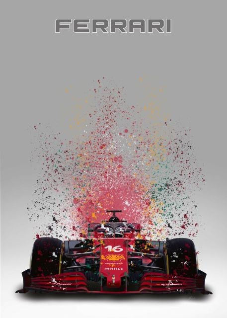 Farbenfrohes Aquarell des Ferrari Formel 1 Rennwagens von justgoodmood – perfektes Deko Print, um Ihrer Umgebung Dynamik und Stil zu verleihen.
