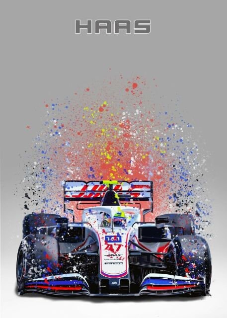 Lebhaftes Aquarellposter eines Formel 1 Rennwagens von Haas, das perfekt als Deko-Element für Motorsportfans ist. Von justgoodmood - Poster Formel 1 Rennwagen Aquarell I Deko Print ohne Rahmen.