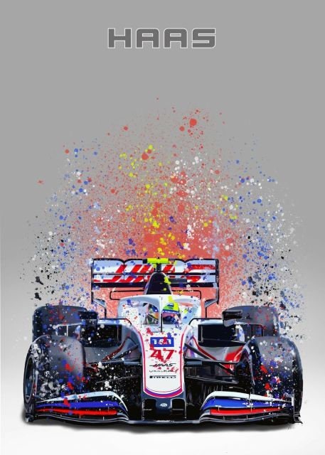 Faszinierendes Aquarell-Porträt des Haas Formel 1 Rennwagens von justgoodmood – Ein Muss für jeden Fan, der seinem Raum einen sportlichen Touch verleihen möchte.