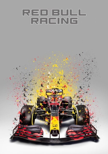 Buntes Aquarellposter eines Formel 1 Rennwagens von Red Bull Racing, ideal für dein Zuhause. Von justgoodmood - Poster Formel 1 Rennwagen Aquarell I Deko Print ohne Rahmen.