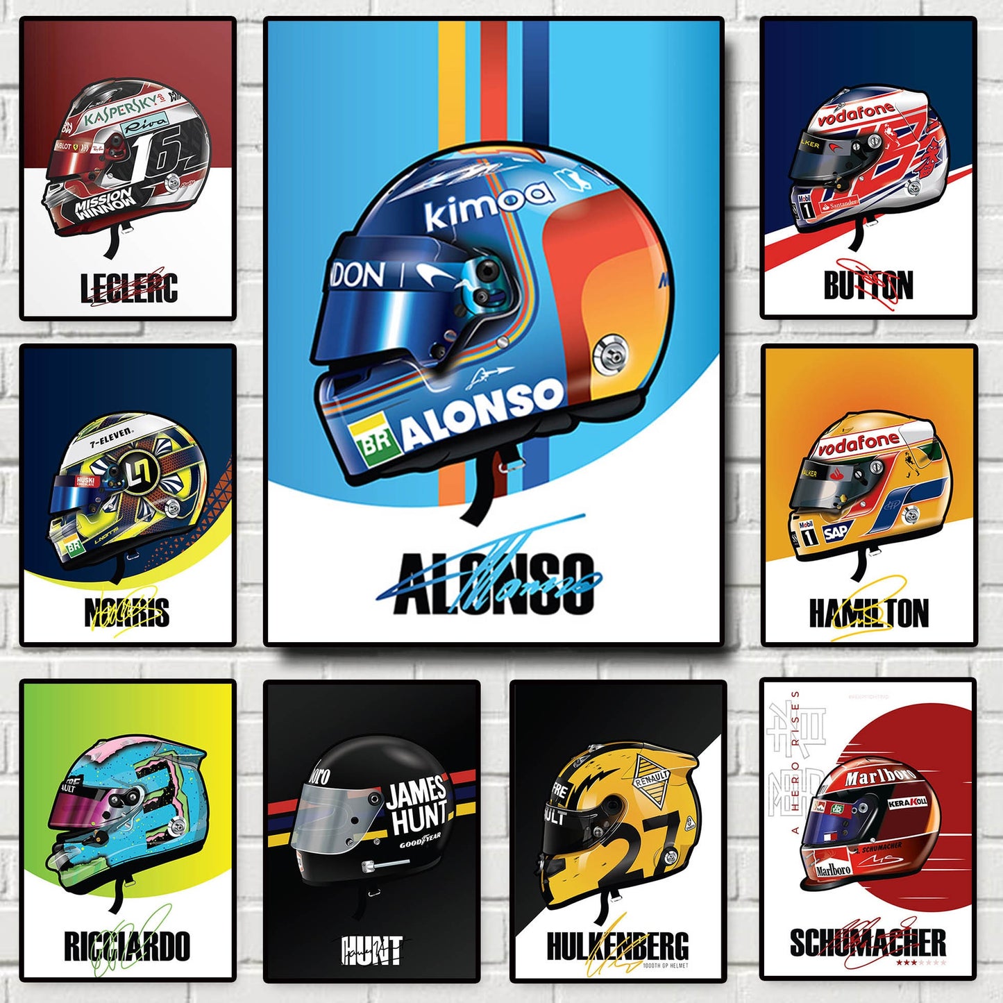 Stilvolles Formel 1 Helm Poster von justgoodmood, präsentiert die signierte Grafik eines Rennfahrers. Perfekte Deko für Motorsport-Enthusiasten!