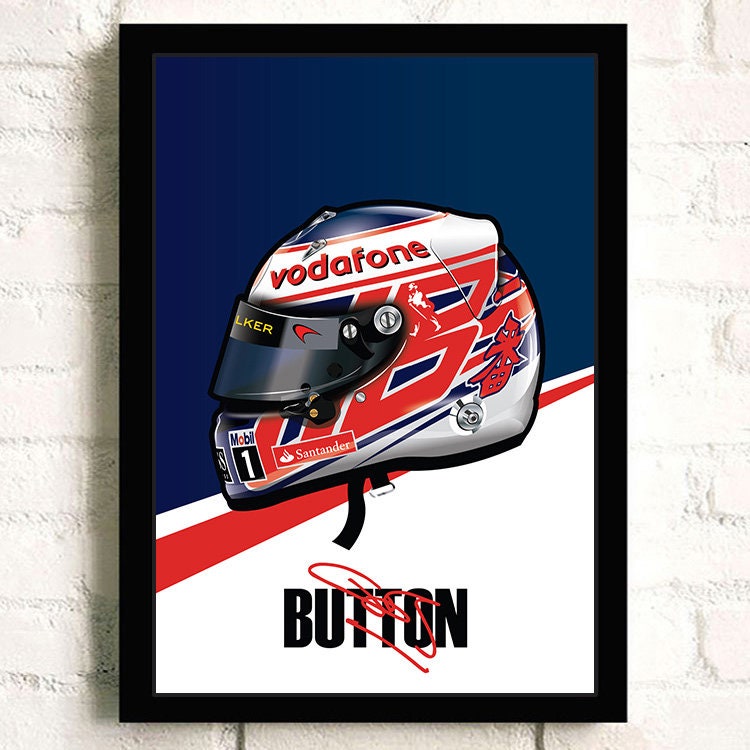 Ein cooles Poster Formel 1 Helm von justgoodmood mit dem einzigartigen Design des Rennfahrers Button – eine tolle Deko für dein Wohnzimmer!