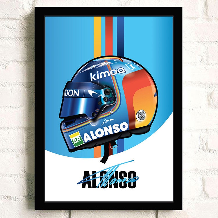 Faszinierendes Formel 1 Helm Poster von justgoodmood, präsentiert den Alonso Helm, bringt den Adrenalinkick des Rennsports in deine Räume!